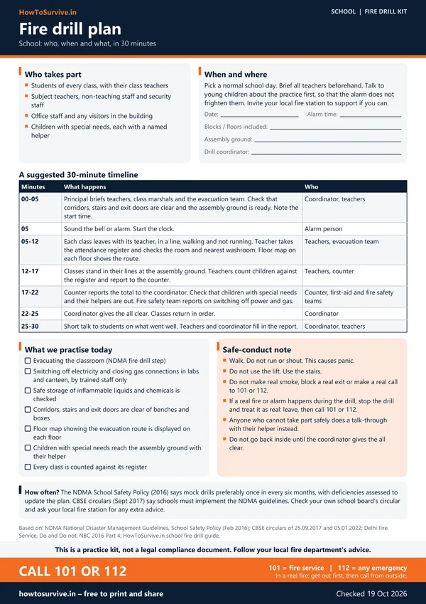 School fire drill kit: Drill plan