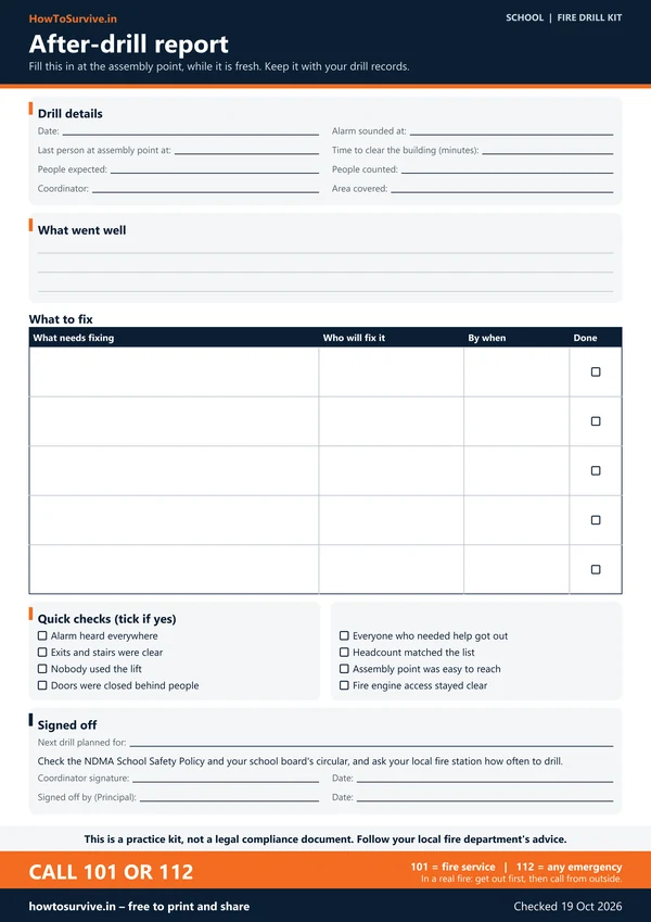 School fire drill kit: After-drill report
