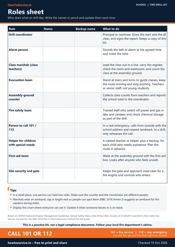 School fire drill kit: Roles sheet