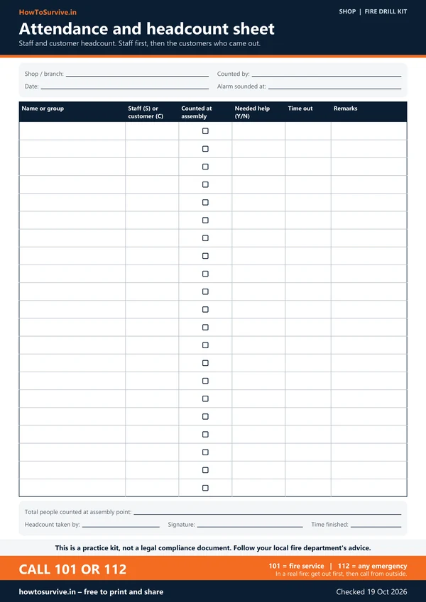 Shop fire drill kit: Attendance and headcount sheet