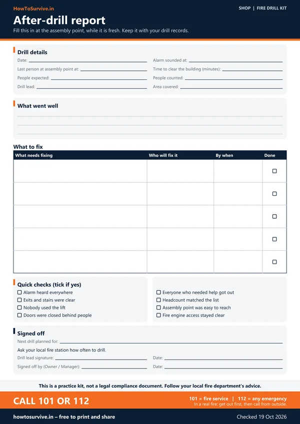 Shop fire drill kit: After-drill report