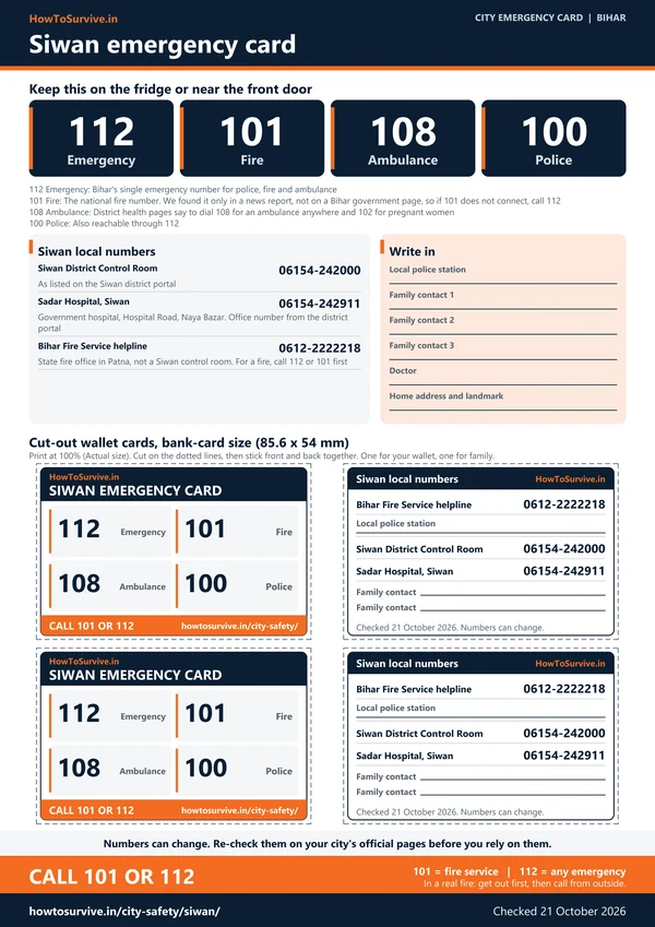 Printable Siwan emergency card: A4 sheet with national and local emergency numbers and cut-out wallet cards