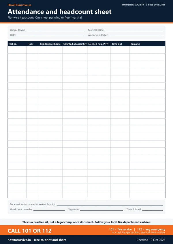 Housing society fire drill kit: Attendance and headcount sheet