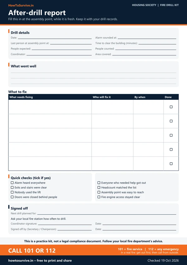 Housing society fire drill kit: After-drill report