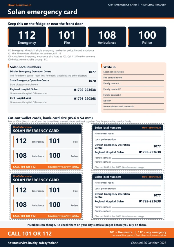 Printable Solan emergency card: A4 sheet with national and local emergency numbers and cut-out wallet cards