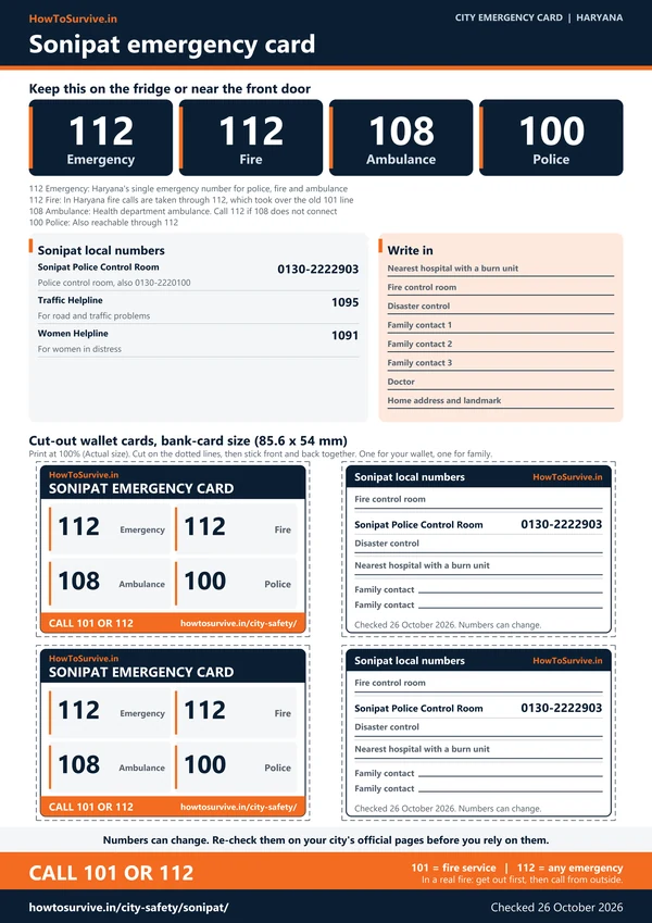 Printable Sonipat emergency card: A4 sheet with national and local emergency numbers and cut-out wallet cards