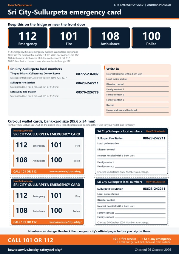 Printable Sri City-Sullurpeta emergency card: A4 sheet with national and local emergency numbers and cut-out wallet cards