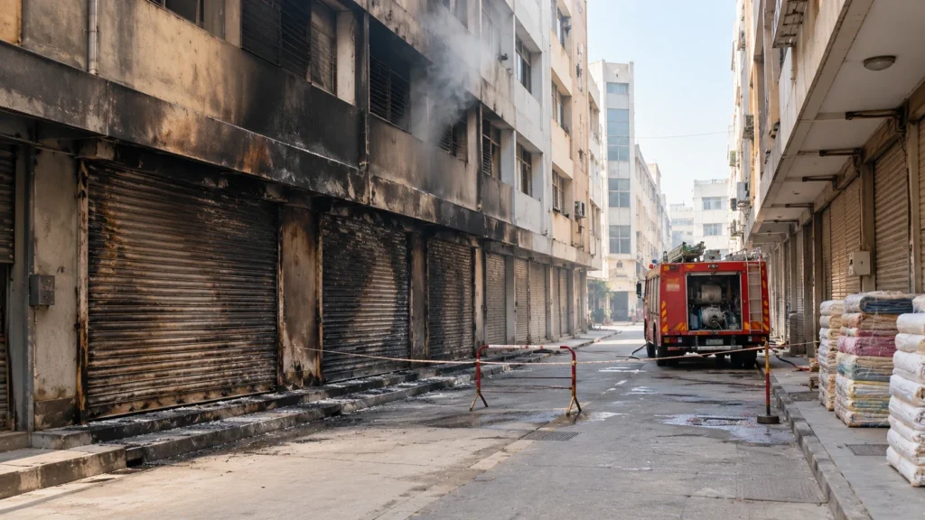 AI-generated editorial illustration of a calm, empty lane outside a Surat textile market after a fire, with scorched shutters, a fire engine and a cordon; not an incident photograph.