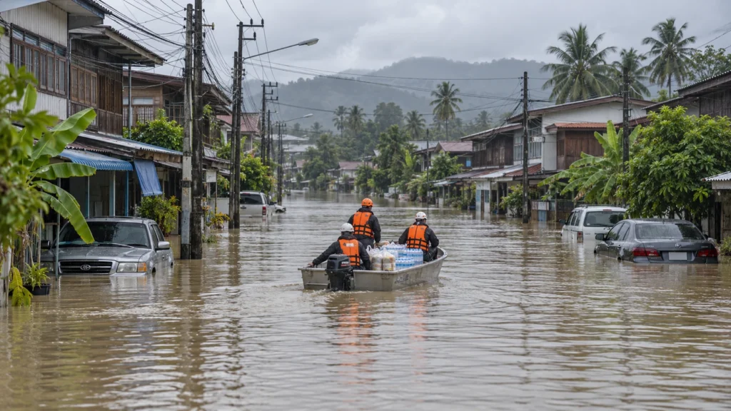 AI-generated editorial illustration of rescue workers in a flat-bottomed boat moving through brown floodwater past half-submerged houses in a central Thai provincial town under grey monsoon skies; not an incident photograph.