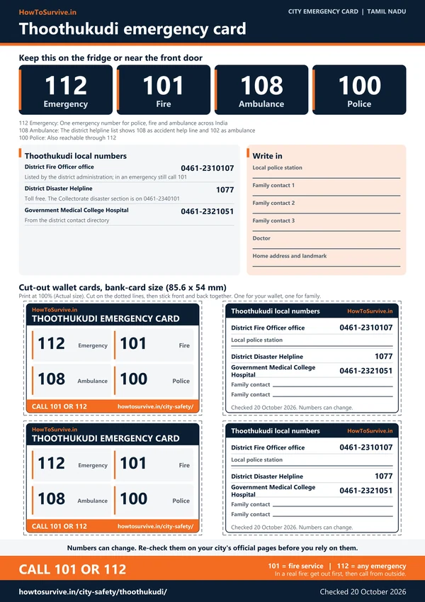 Printable Thoothukudi emergency card: A4 sheet with national and local emergency numbers and cut-out wallet cards