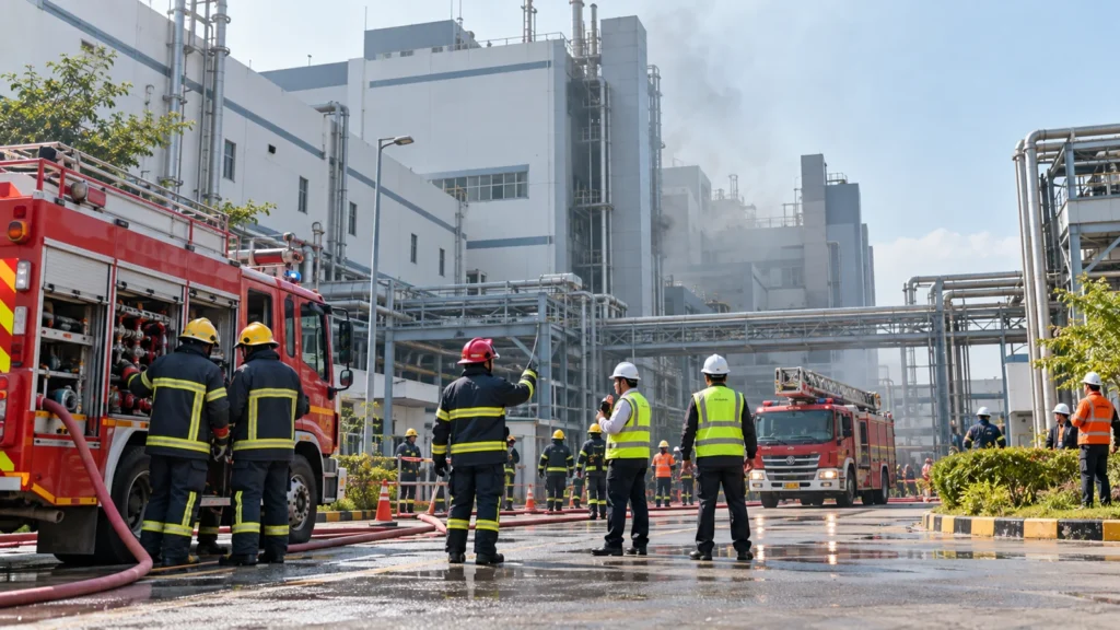 AI-generated editorial illustration of firefighters responding outside a pharmaceutical factory; not a photograph of the Tongi Drug International fire.