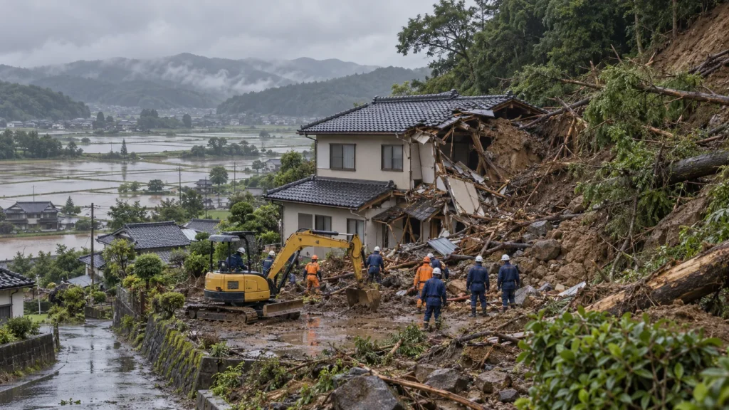 AI-generated editorial illustration of Japanese rescue workers and a small excavator at a hillside landslide that has buried part of a rural house after typhoon rain in Chiba, with flooded rice fields under grey skies; not an incident photograph.
