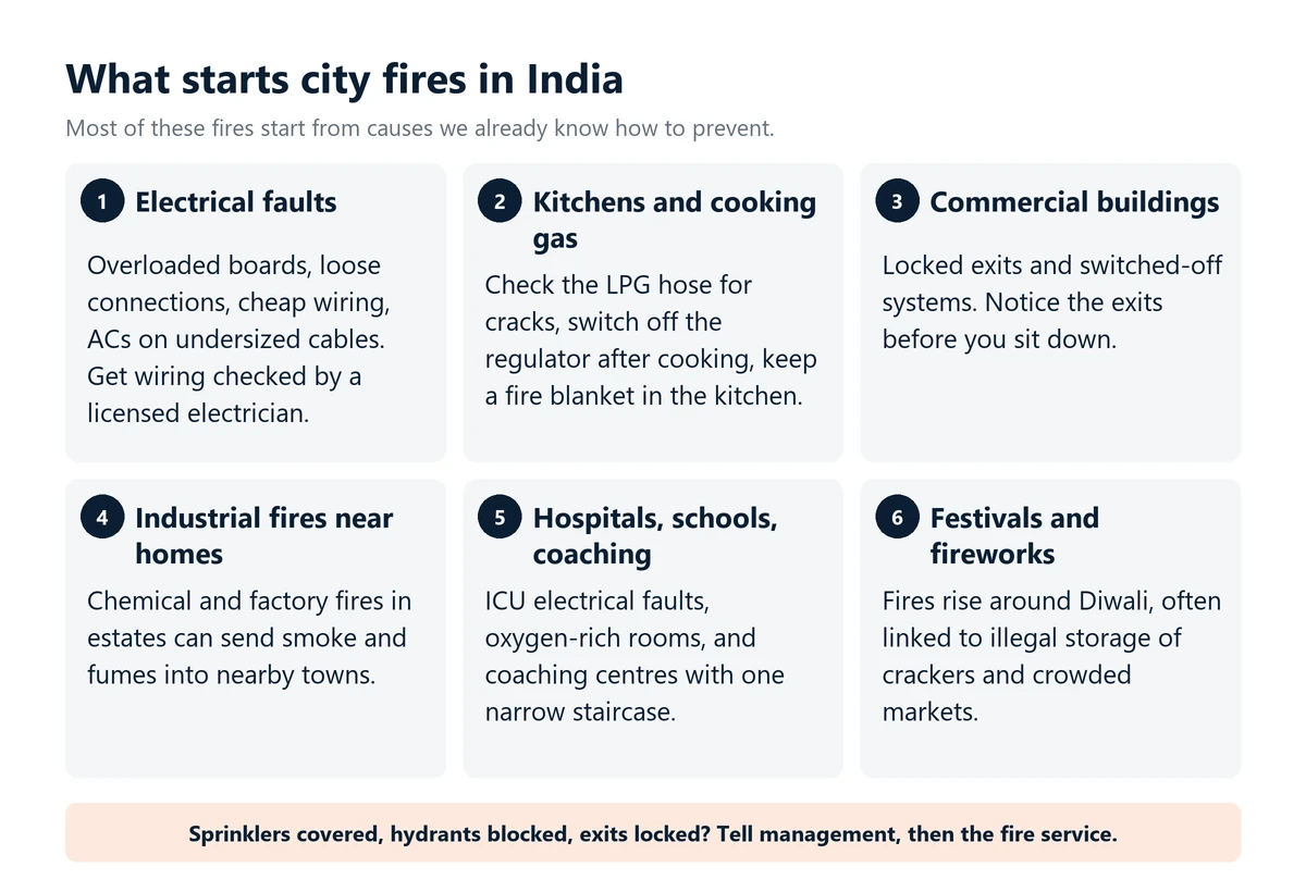 Infographic: six common causes of city fires in India, from electrical faults and kitchen gas to commercial buildings, industrial estates, hospitals and coaching centres, and festival fireworks, with simple checks such as LPG hoses and wiring.