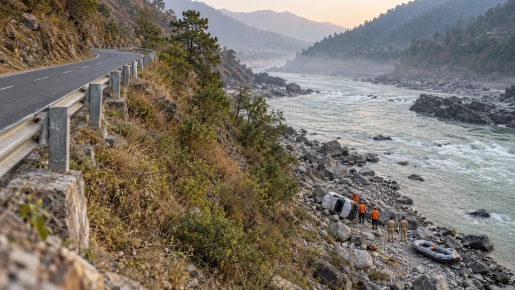AI-generated editorial illustration of a small white car lying damaged far below a winding Himalayan highway on a rocky riverbank, with rescue workers in orange and police on the slope in early morning light; not an incident photograph.