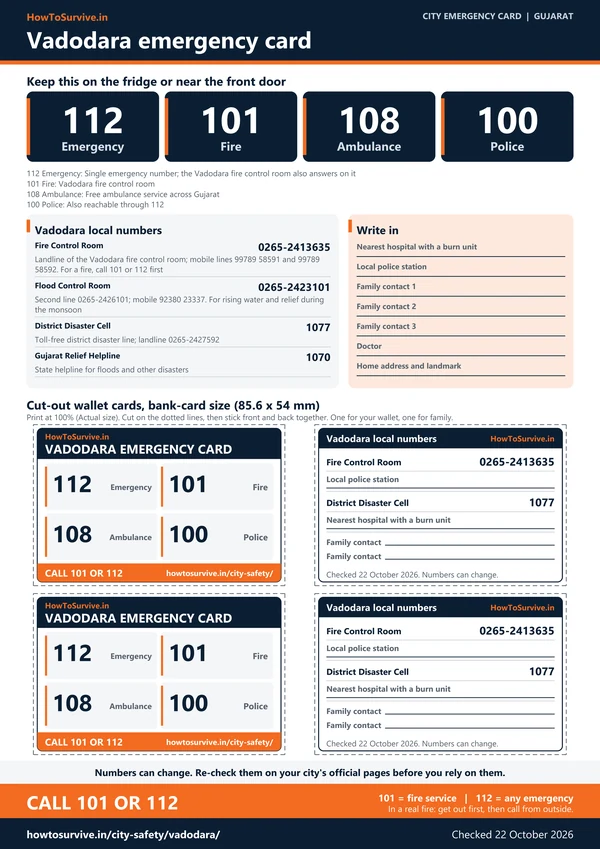 Printable Vadodara emergency card: A4 sheet with national and local emergency numbers and cut-out wallet cards