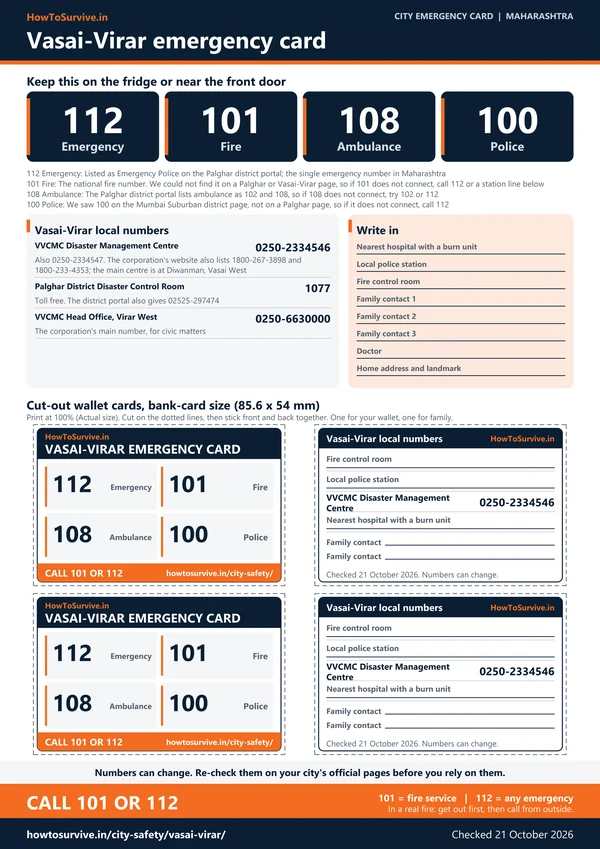 Printable Vasai-Virar emergency card: A4 sheet with national and local emergency numbers and cut-out wallet cards