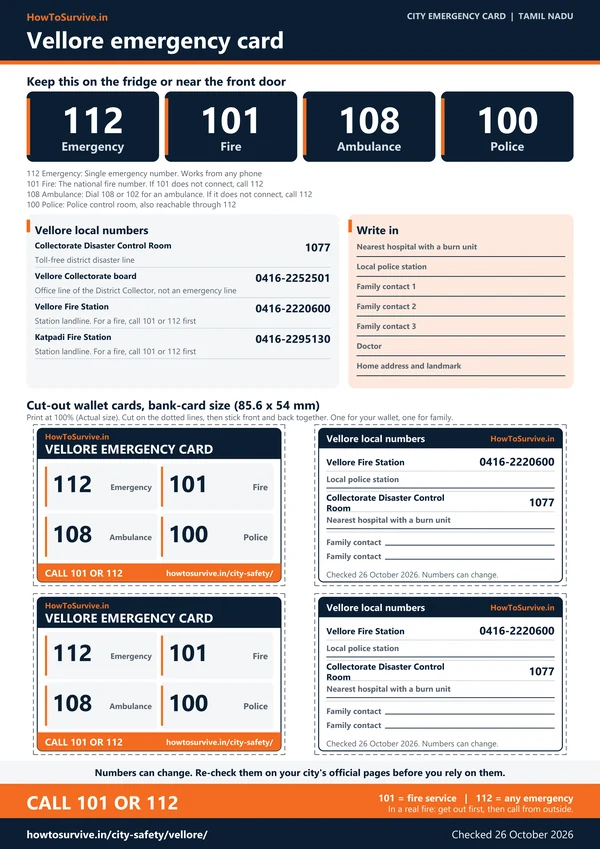 Printable Vellore emergency card: A4 sheet with national and local emergency numbers and cut-out wallet cards