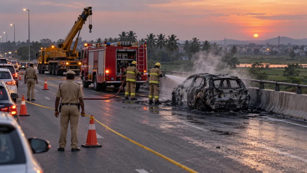 AI-generated editorial illustration of firefighters damping down a burnt-out car shell beside a concrete parapet on a highway bypass at dusk, with police holding traffic back and a recovery crane waiting; not an incident photograph.