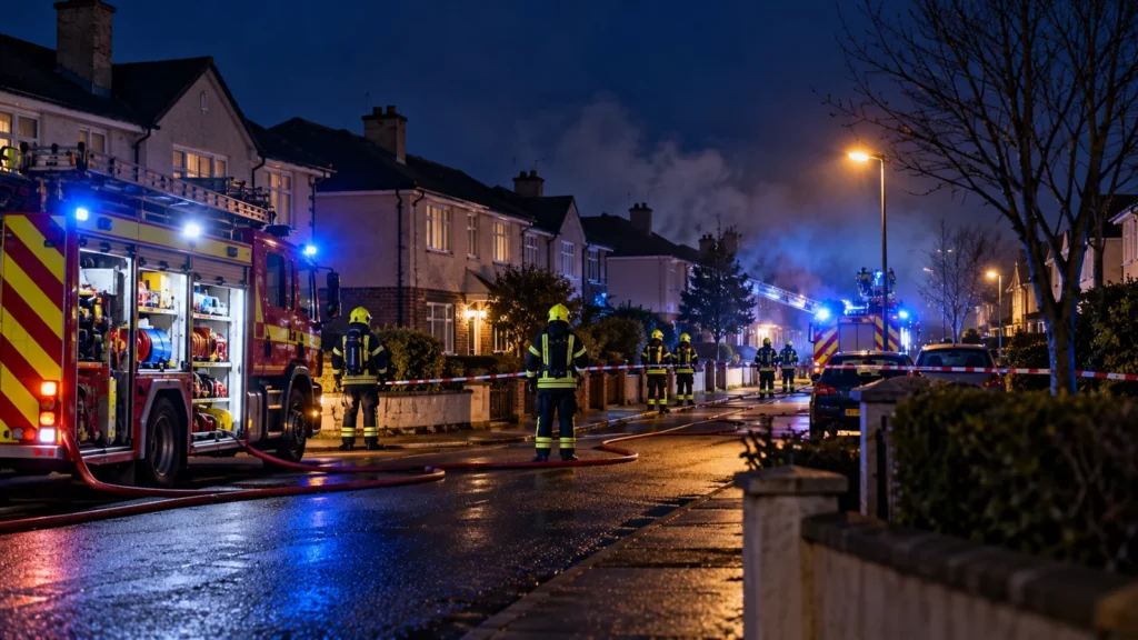 AI-generated editorial illustration of an emergency response outside a residential street; not a photograph of the Waterford Birchwood fire.
