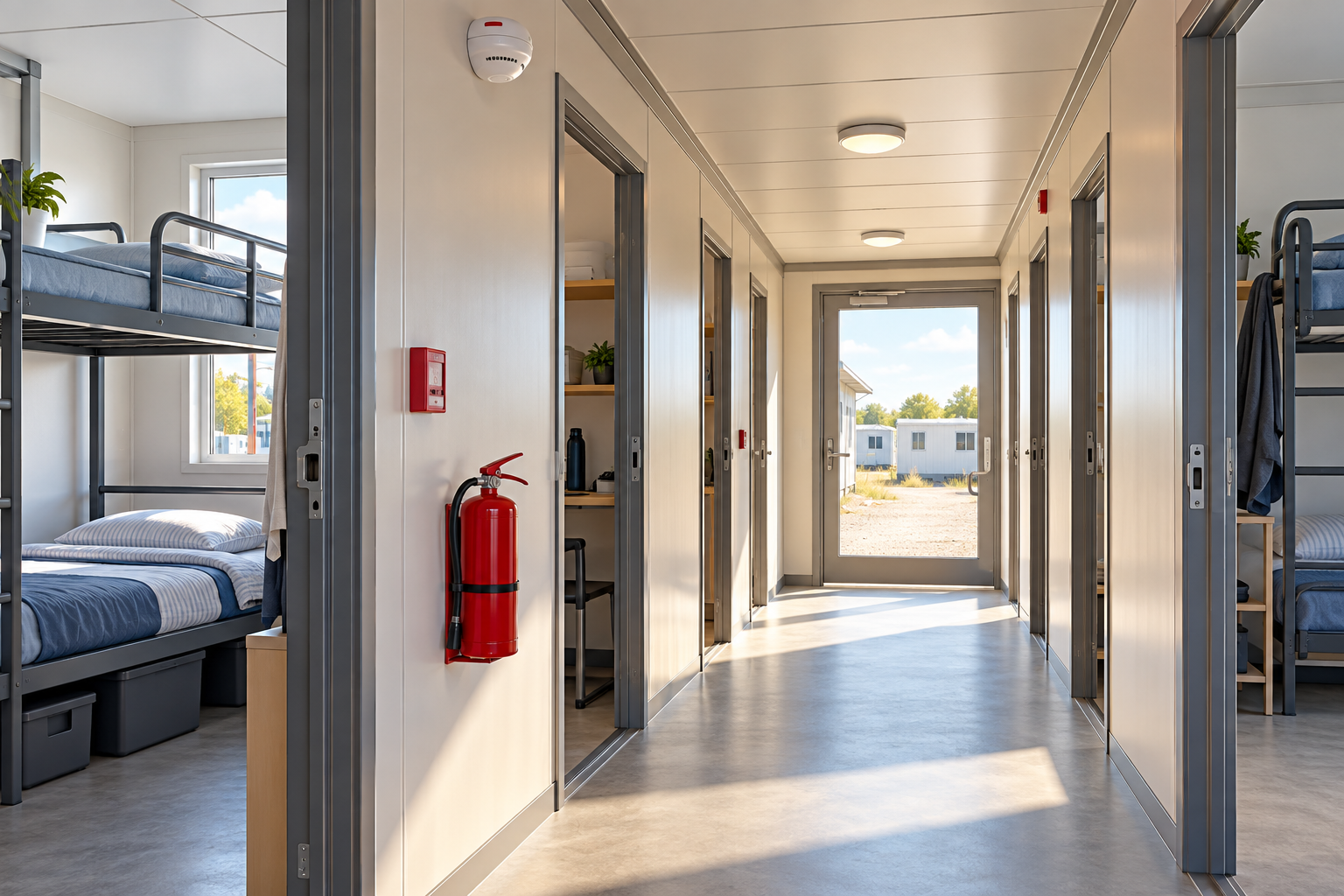 Conceptual temporary-accommodation corridor; not a real facility or compliance assessment.