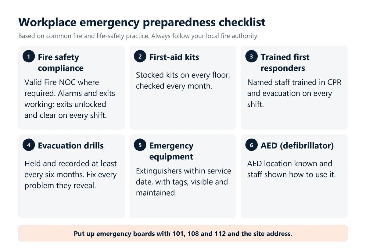 Infographic: a six-point workplace emergency preparedness checklist covering fire safety compliance, first-aid kits, trained first responders on every shift, evacuation drills every six months, emergency equipment and an AED.